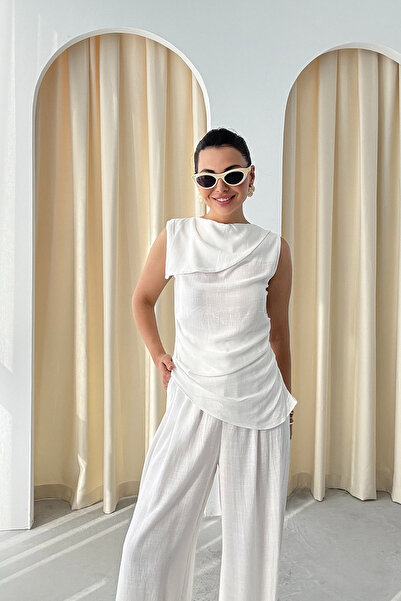 Seda Yalçın Atelier White Collar Detailed Asymmetric Cut Blouse and Pants Set