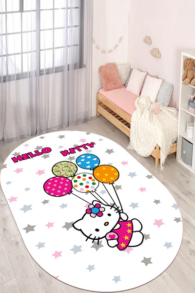 EVİMSEN Dekoratif Baskılı Yıkanabilir ve Kaymaz Sevimli Kedi Desenli Oval Çoc...