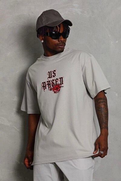 genel tedarik-tse Men's Oversize Printed Crew Neck T-Shirt - Gray