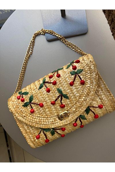 Tina İstanbul Cherry Embroidered Straw Bag Beige