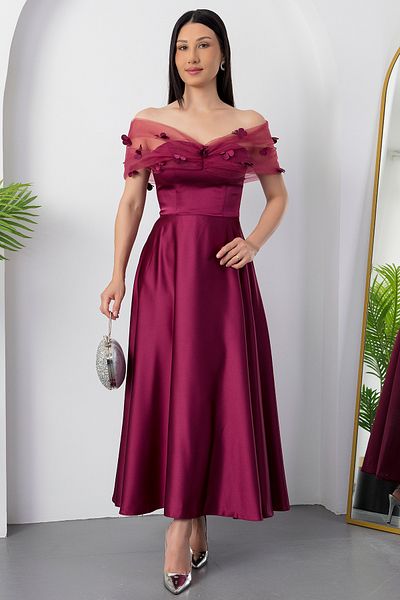 PULLIMM Strapless Neckline Bust Tulle Detail Evening Dress Ecr5587