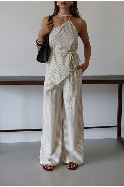 LOISY Women's Asymmetrical Cut Tie Detailed Linen Suit