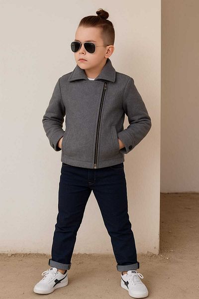 elfanto kıds Children's Coat - Wool Short Coat, Asymmetric Zipper