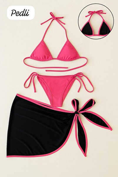 safhas Kadın 3lü Fuşya Bikini Takımı Pareolu – Üçgen Dolgulu, Ayarlanabilir, Siyah Plaj Pareosu Ile Şık