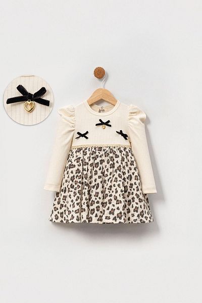 Minigimin Cicileri Baby Girl Dress with Leopard Detail and Bow with My Little Pimples - Beige