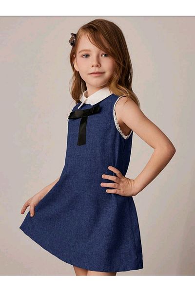 OEM Girls' dress, school, kindergarten, with polo collar and bow, navy blue, 6 years, 116 cm