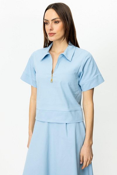 On Fashion Short Sleeve Polo Neck Bluz with Front Zipper