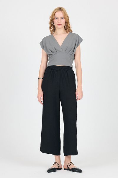 Rays Black Cotton Elastic Waist Wide Leg Trousers 4657