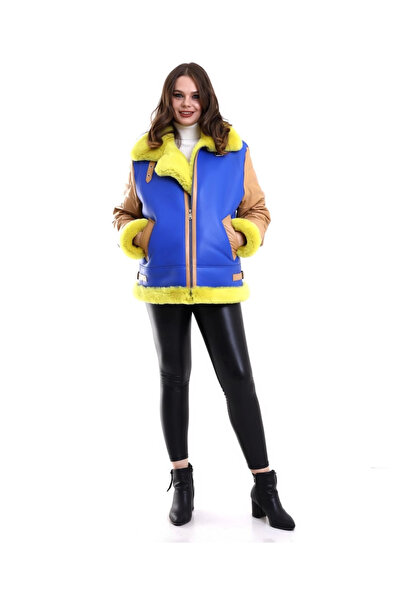 DoğruFashion Women's Sheepskin Pilot Genuine Fur - Yellow