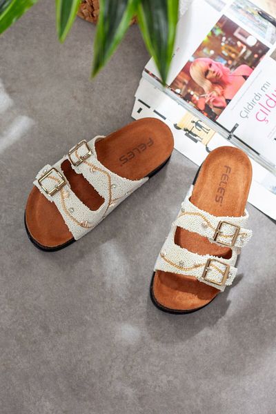 Adım Adım Women's Extra Comfortable Double Buckle Stone Slippers