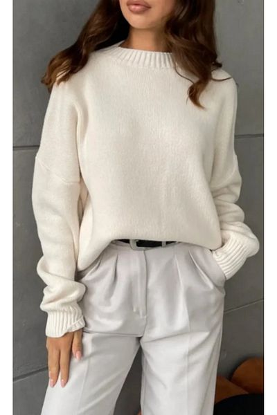 STF MODA Women's Cream Oversize Knitwear Sweater - Soft Textured Crew Neck