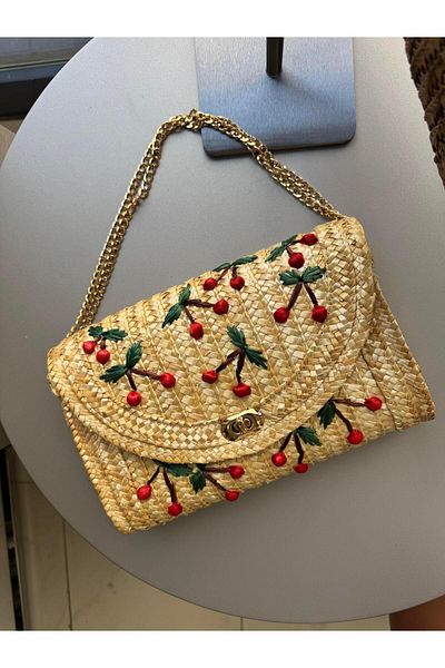 Tina İstanbul Cherry Embroidered Straw Bag Beige
