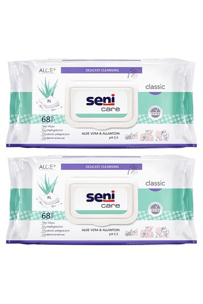 Seni 2 x Șervețele umede igienice pentru incontinență cu aloe vera și alantoină pentru îngrijirea pleoapelor, 68 de bucăți