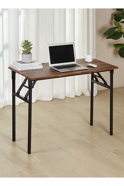 Lawazim Foldable Table Brown - Compact Desk 100x50cm for Home Office Dining Small Spaces No Assembly