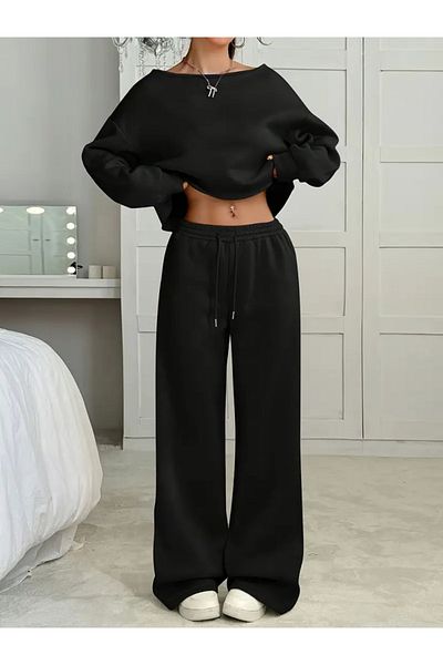 Keywest Women's Plain Off Shoulder Crop Sweatshirt Sweatpants Double Set