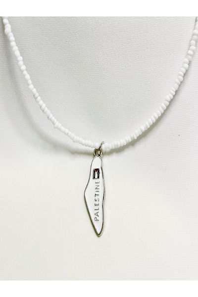 Zaytoon White Beaded Handmade Palestine Map Unisex Palestine Necklace 40 cm J300011