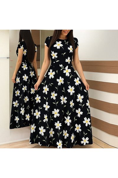JANES Women's Short Sleeve Crew Neck Floral Print Maxi Knitted Crepe Dress