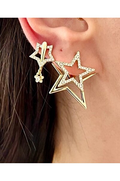 JEWELRY Altın Kaplama Yıldız Model İki Taraflı Küpe 14K Rengindedir
