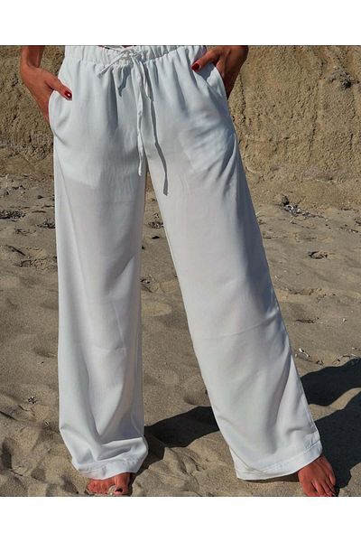 MERİCEY White Gathered Waist Satin Wide Leg Women's Trousers with Pockets