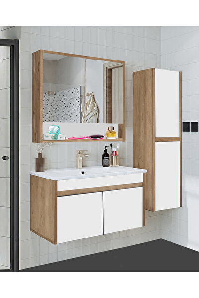Alfa Banyo Serena EA 100 cm Seramik Lavabolu Banyo Dolabı Seti, Boy Dolaplı, MDF, 100+35 cm, Hazır Kurulu