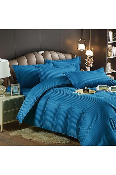 trendyhome Lenjerie de pat dublă, damasc fin, 6 piese, UNI, albastru, J23434