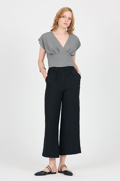 Rays Black Cotton Elastic Waist Wide Leg Trousers 4657