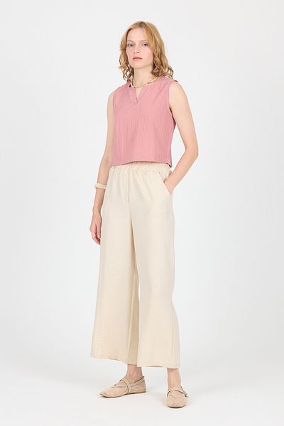 Rays Beige Cotton Elastic Waist Wide Leg Trousers 4657
