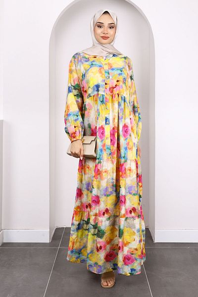 İmajButik Pink Half Button Skirt Layered Patterned Dress