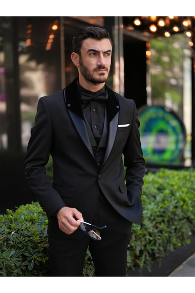 LONATOLİA Erkek İtalyan Stil Slim Fit Şal Taşlı Yaka Smokin Damatlık Ceket Yelek Pantolon Papyon-Siyah