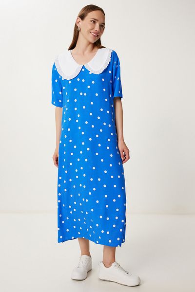 Lovelyİstanbul Polka Dot Summer Woven Dress Lfk0020 Dark Blue