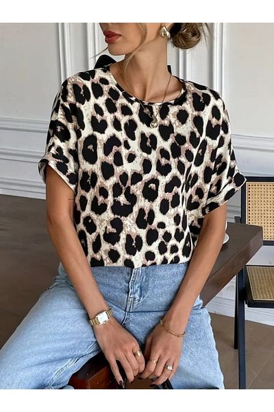 Kokosh moda Women's Short Sleeve Crew Neck Leopard Single Jersey Blouse with Bow Detail on the Back