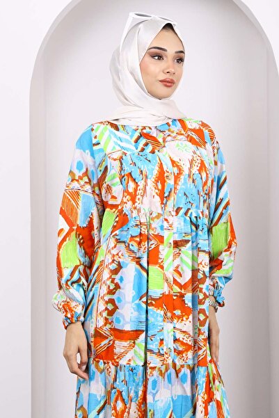 İmajButik Μπλε φόρεμα με μισό κουμπί με μοτίβο