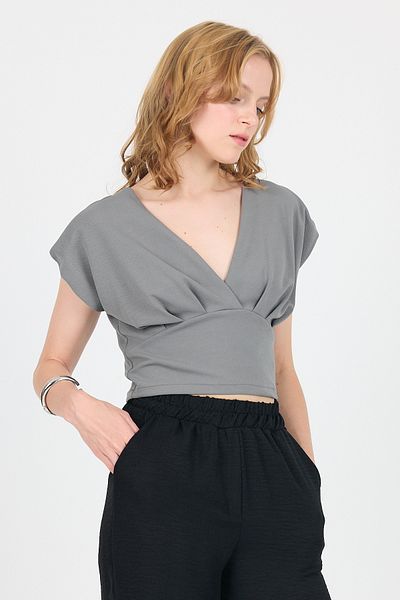 Rays Gray Padded V-Neck Double Breasted Crop Blouse 4227