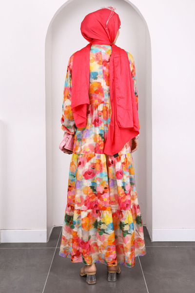 İmajButik Φούξια Φόρεμα με μισό κουμπί με μοτίβο