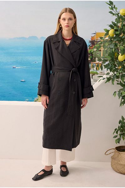 HEQA Buttoned Long Trench Coat Black