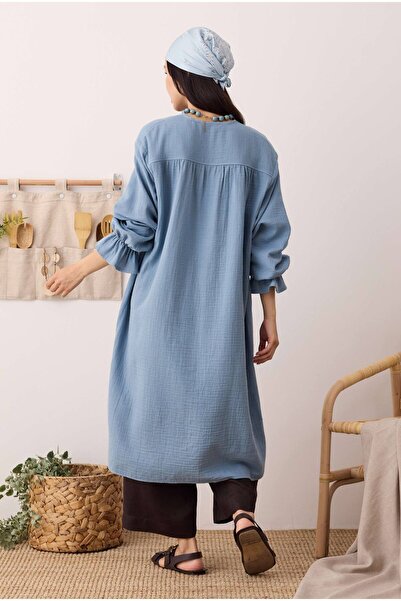 HEQA Çok Büzgülü Müslin Tunik Pastel Mavi