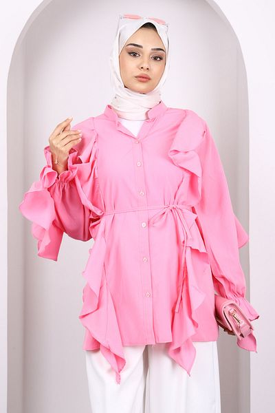 İmajButik Ροζ μανίκι με βολάν με κουμπιά