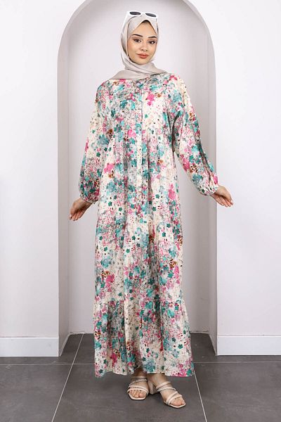 İmajButik Φόρεμα με πράσινο μισό κουμπί με μοτίβο με πούλιες