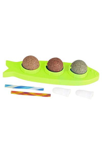 OEM Set 5 piese, 3 bile si 2 periute de dinti pentru pisici Keriee, plastic, textil, multicolor
