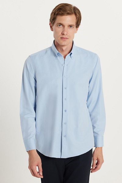 Tudors Regular Fit Button Collar Cotton Easy Iron Oxford Plain Men's Blue Shirt