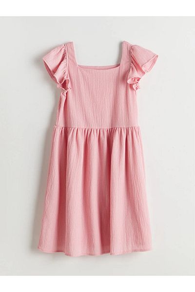 LC Waikiki Pink Plain Ruffle Girl's Dress