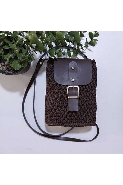HOBİ Phone Knitted Bag 19*14 cm Light Brown Color with Long Postman Handle