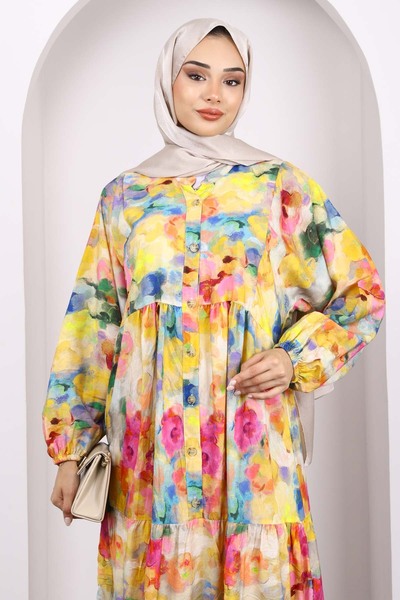 İmajButik Ροζ Φόρεμα με μισό κουμπί με μοτίβο