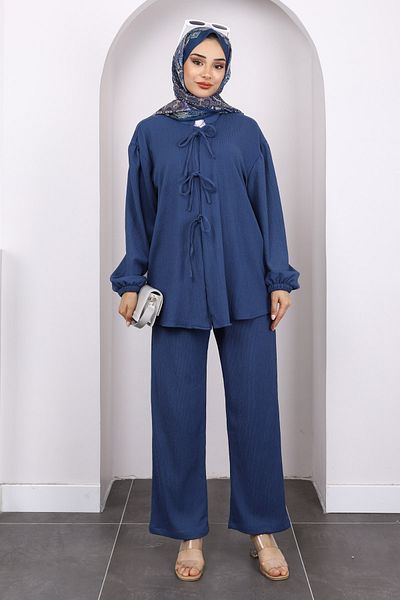 İmajButik Σετ παντελονιού Indigo Tie Dye Wrap Kimono με μπροστινό δέσιμο