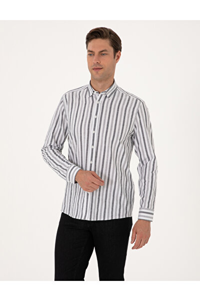 Pierre Cardin Siyah Regular Fit Çizgili Uzun Kollu Gömlek 50312269-VR046