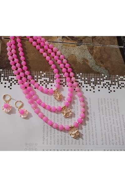 elbi bijuteri Pink Glass Bead Necklace Earrings Set