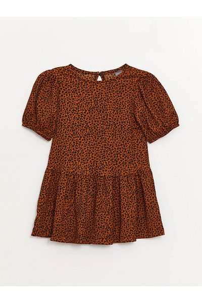 LC Waikiki Lcw Eco Brown Crew Neck Patterned Short Sleeve Girl's Dress