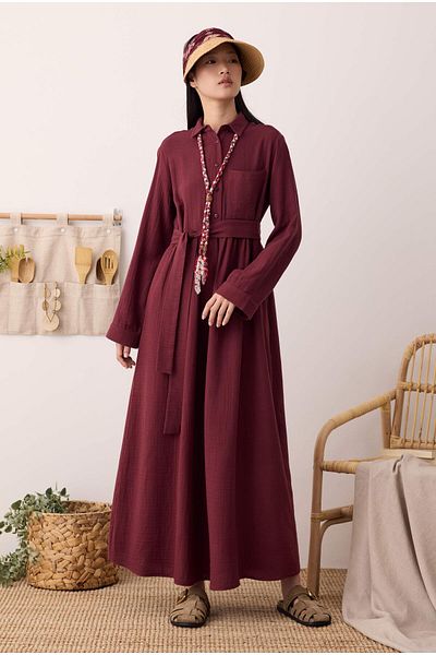 HEQA Muslin Gathered Waist Dress Burgundy