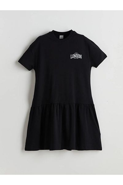 LC Waikiki Lcw Kids Black Crew Neck London Printed Girls' Dress