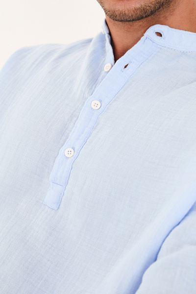 No Way Erkek Regular Fit %100 Pamuk Müslin Hakim Yaka Yarım Pat Gömlek